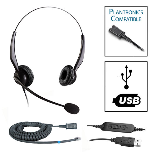 TelPro 2200-P Double-Ear NC Plantronics Compatible Headset Bundle for Yealink, Grandstream and Snom Telephones (02 Cable) and Common USB Cable