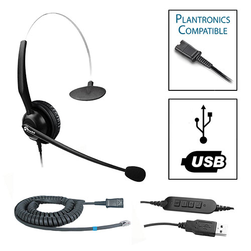 TelPro 1200-P Single-Ear NC Plantronics Compatible Headset Bundle for Yealink, Grandstream and Snom Telephones (02 Cable) and Common USB Cable