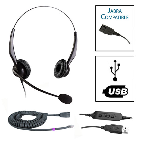 TelPro 2200-J Double-Ear NC Jabra Compatible Headset Bundle for Polycom IP, Polycom VVX and Digium Telephones (04 Cable) and Common USB Cable