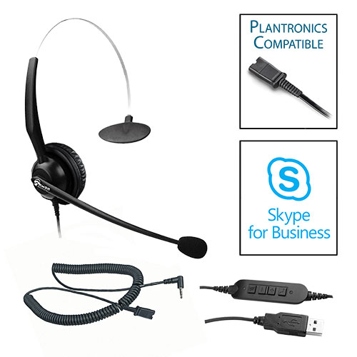 TelPro 1200-P Single-Ear NC Plantronics Compatible Headset Bundle for Cisco SPA and Panasonic Telephones (2.5mm Headset Jack) (05 Cable) and Skype USB Cable