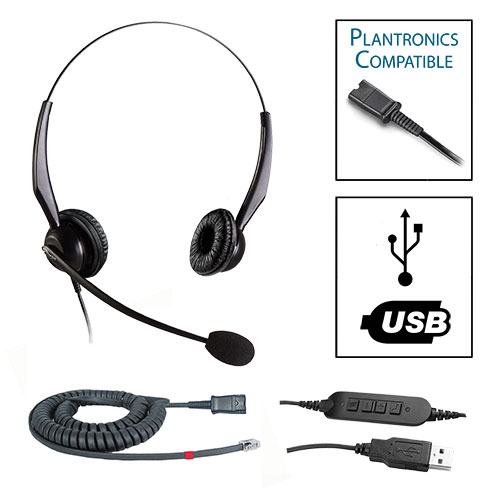 TelPro 2200-P Double-Ear NC Plantronics Compatible Headset Bundle for Avaya 1600 and 9600 Series Telephones (07 Cable) and Common USB Cable