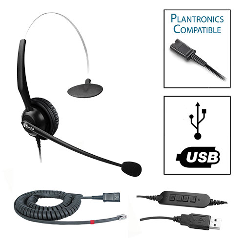 TelPro 1200-P Single-Ear NC Plantronics Compatible Headset Bundle for Avaya 1600 and 9600 Series Telephones (07 Cable) and Common USB Cable