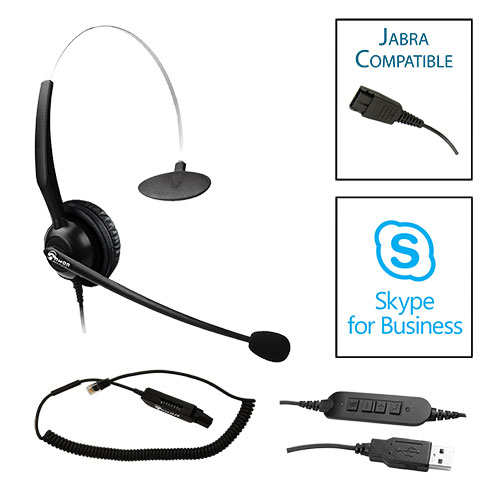 TelPro 1200-J Single-Ear NC Jabra Compatible Headset with Universal Multi-Cable for Most Office Telephones and Skype USB Cable