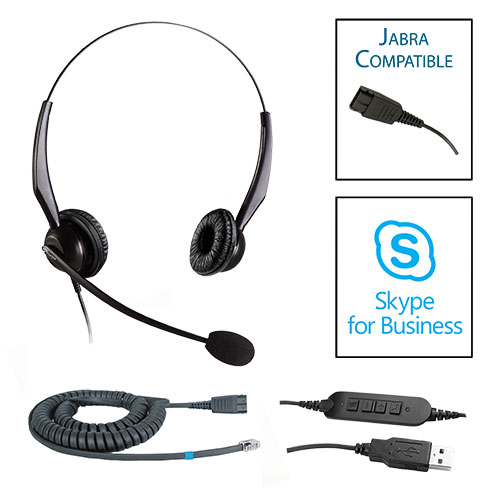 TelPro 2200-J Double-Ear NC Jabra Compatible Headset Bundle for Yealink, Grandstream and Snom Telephones (02 Cable) and Skype USB Cable