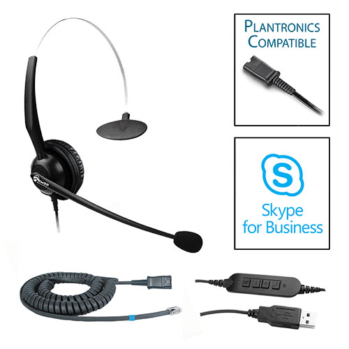 TelPro 1200-P Single-Ear NC Plantronics Compatible Headset Bundle for Yealink, Grandstream and Snom Telephones (02 Cable) and Skype USB Cable