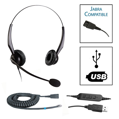 TelPro 2200-J Double-Ear NC Jabra Compatible Headset Bundle for Yealink, Grandstream and Snom Telephones (02 Cable) and Common USB Cable