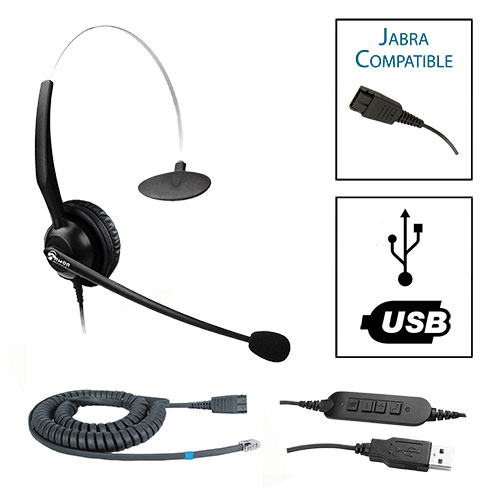 TelPro 1200-J Single-Ear NC Jabra Compatible Headset Bundle for Yealink, Grandstream and Snom Telephones (02 Cable) and Common USB Cable