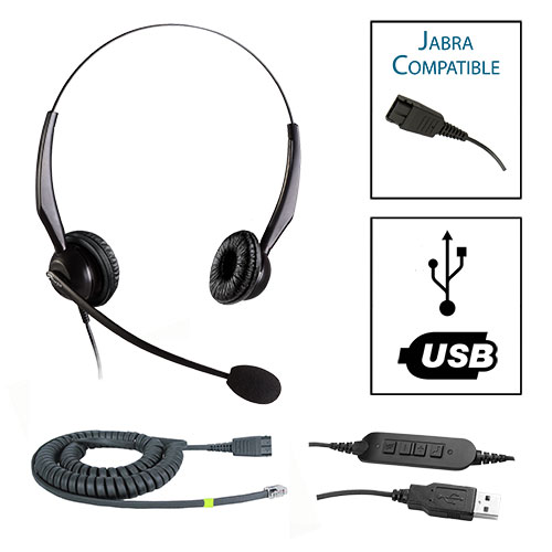 TelPro 2200-J Double-Ear NC Jabra Compatible Headset Bundle for Cisco 7900, 8800, 8900 and 9900 Series Telephones (03 Cable) and Common USB Cable