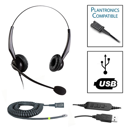 TelPro 2200-P Double-Ear NC Plantronics Compatible Headset Bundle for Cisco 7900, 8800, 8900 and 9900 Series Telephones (03 Cable) and Common USB Cable
