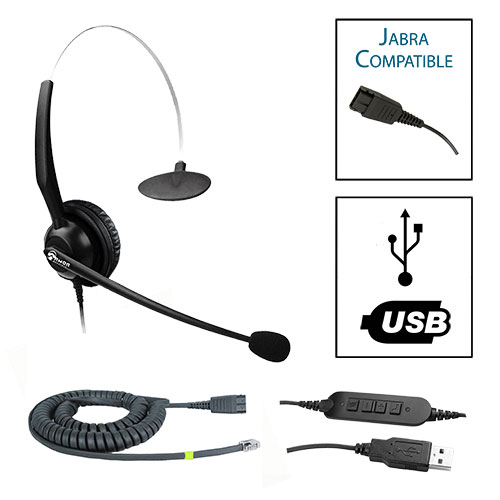 TelPro 1200-J Single-Ear NC Jabra Compatible Headset Bundle for Cisco 7900, 8800, 8900 and 9900 Series Telephones (03 Cable) and Common USB Cable