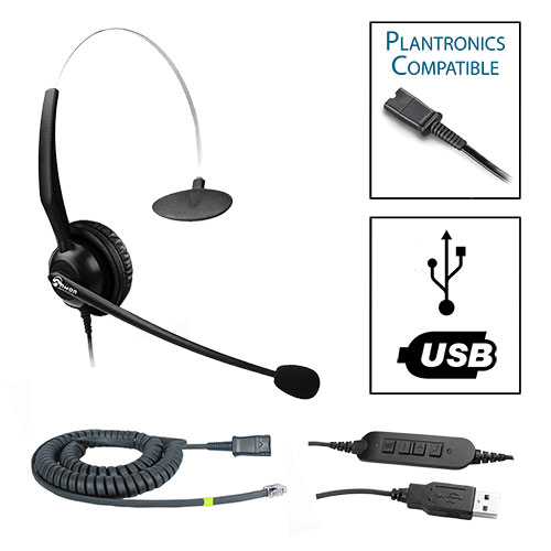 TelPro 1200-P Single-Ear NC Plantronics Compatible Headset Bundle for Cisco 7900, 8800, 8900 and 9900 Series Telephones (03 Cable) and Common USB Cable