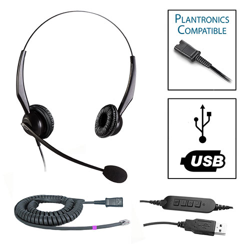 TelPro 2200-P Double-Ear NC Plantronics Compatible Headset Bundle for Polycom IP, Polycom VVX and Digium Telephones (04 Cable) and Common USB Cable