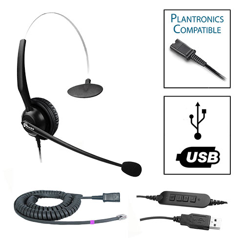 TelPro 1200-P Single-Ear NC Plantronics Compatible Headset Bundle for Polycom IP, Polycom VVX and Digium Telephones (04 Cable) and Common USB Cable