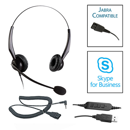 TelPro 2200-J Double-Ear NC Jabra Compatible Headset Bundle for Cisco SPA and Panasonic Telephones (2.5mm Headset Jack) (05 Cable) and Skype USB Cable