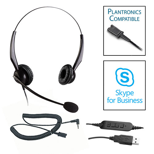 TelPro 2200-P Double-Ear NC Plantronics Compatible Headset Bundle for Cisco SPA and Panasonic Telephones (2.5mm Headset Jack) (05 Cable) and Skype USB Cable