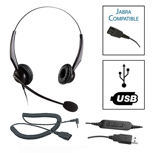TelPro 2200-J Double-Ear NC Jabra Compatible Headset Bundle for Cisco SPA and Panasonic Telephones (2.5mm Headset Jack) (05 Cable) and Common USB Cable