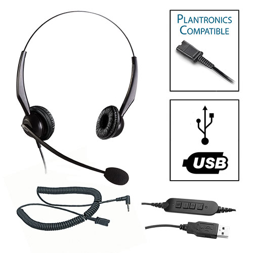 TelPro 2200-P Double-Ear NC Plantronics Compatible Headset Bundle for Cisco SPA and Panasonic Telephones (2.5mm Headset Jack) (05 Cable) and Common USB Cable
