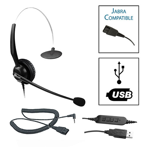 TelPro 1200-J Single-Ear NC Jabra Compatible Headset Bundle for Cisco SPA and Panasonic Telephones (2.5mm Headset Jack) (05 Cable) and Common USB Cable