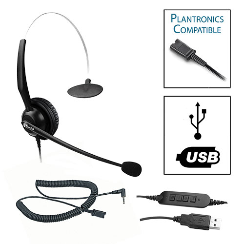 TelPro 1200-P Single-Ear NC Plantronics Compatible Headset Bundle for Cisco SPA and Panasonic Telephones (2.5mm Headset Jack) (05 Cable) and Common USB Cable