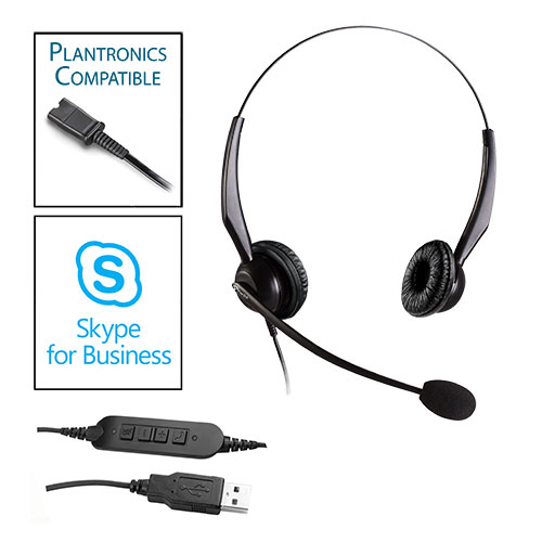 TelPro 2200-P Double-Ear NC Plantronics Compatible Headset with Skype USB