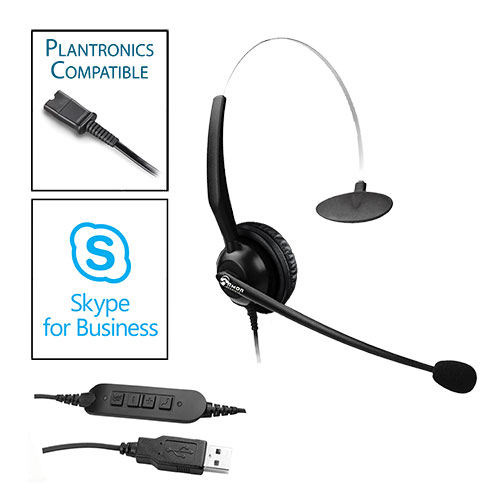 TelPro 1200-P Single-Ear NC Plantronics Compatible Headset with Skype USB