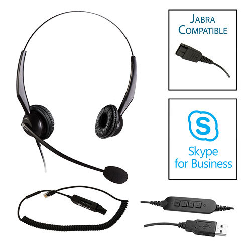 TelPro 2200-J Double-Ear NC Jabra Compatible Headset with Universal Multi-Cable for Most Office Telephones and Skype USB Cable