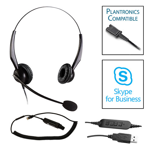 TelPro 2200-P Double-Ear NC Plantronics Compatible Headset with Universal Multi-Cable for Most Office Telephones and Skype USB Cable