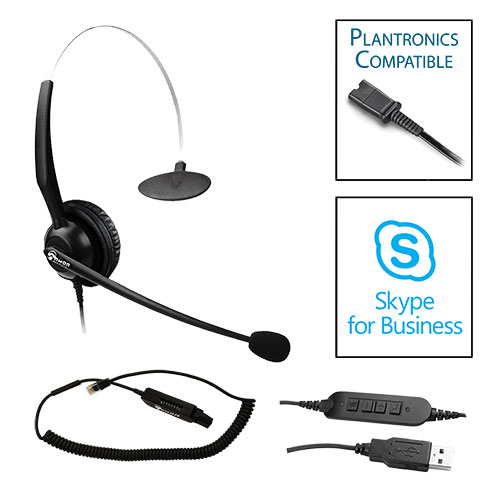 TelPro 1200-P Single-Ear NC Plantronics Compatible Headset with Universal Multi-Cable for Most Office Telephones and Skype USB Cable