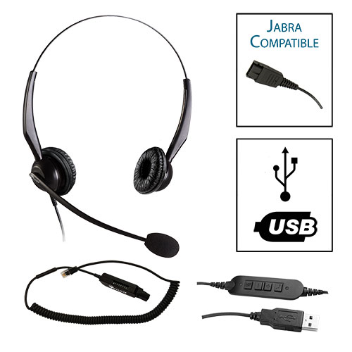 TelPro 2200-J Double-Ear NC Jabra Compatible Headset with Universal Multi-Cable for Most Office Telephones and Common USB Cable