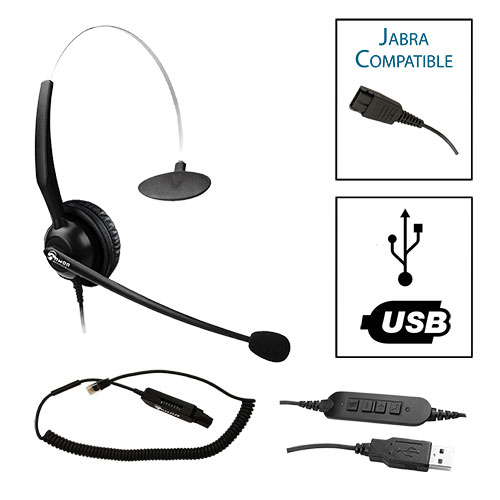 TelPro 1200-J Single-Ear NC Jabra Compatible Headset with Universal Multi-Cable for Most Office Telephones and Common USB Cable