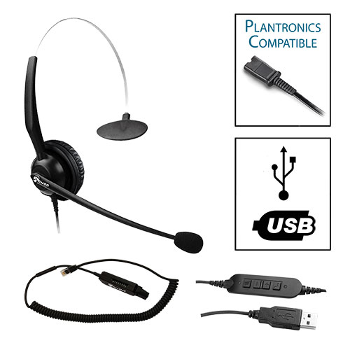 TelPro 1200-P Single-Ear NC Plantronics Compatible Headset with Universal Multi-Cable for Most Office Telephones and Common USB Cable