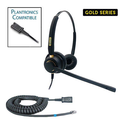 TelPro Gold 3200-P Two-Ear NC Plantronics Compatible Headset Bundle for Yealink, Grandstream and Snom Telephones (02 Cable)